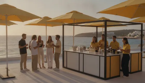 Activación de marca en un beach club mediterráneo con sombrillas amarillas y un stand con bebidas al atardecer