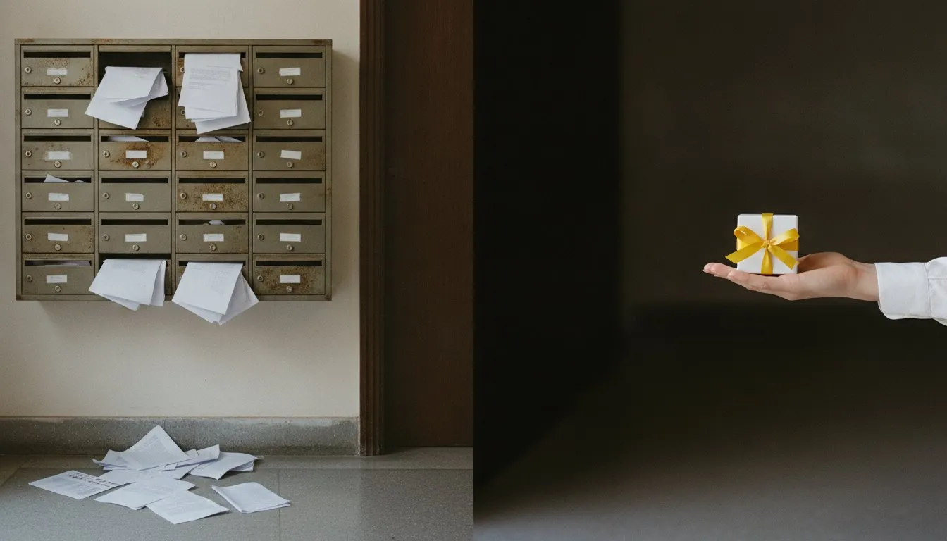Buzones llenos de folletos junto a una mano que recibe una muestra de producto con lazo amarillo