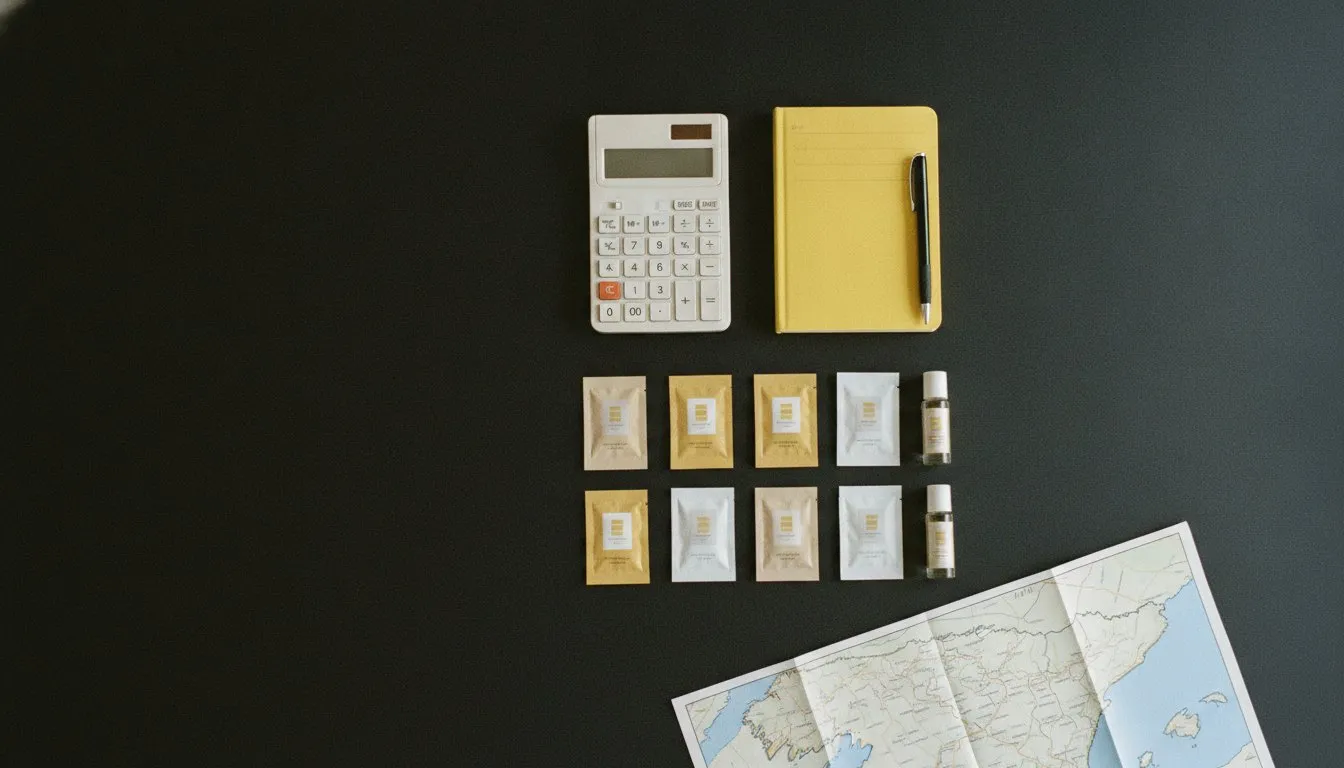 Calculadora, libreta amarilla y muestras de producto sobre una mesa negra con un mapa de España