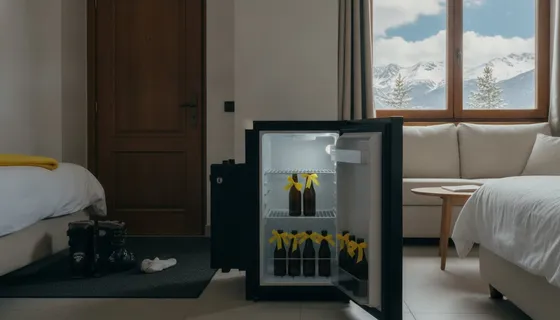 Nevera abierta con botellas frías de cerveza con lazo amarillo en un apartamento de montaña nevada