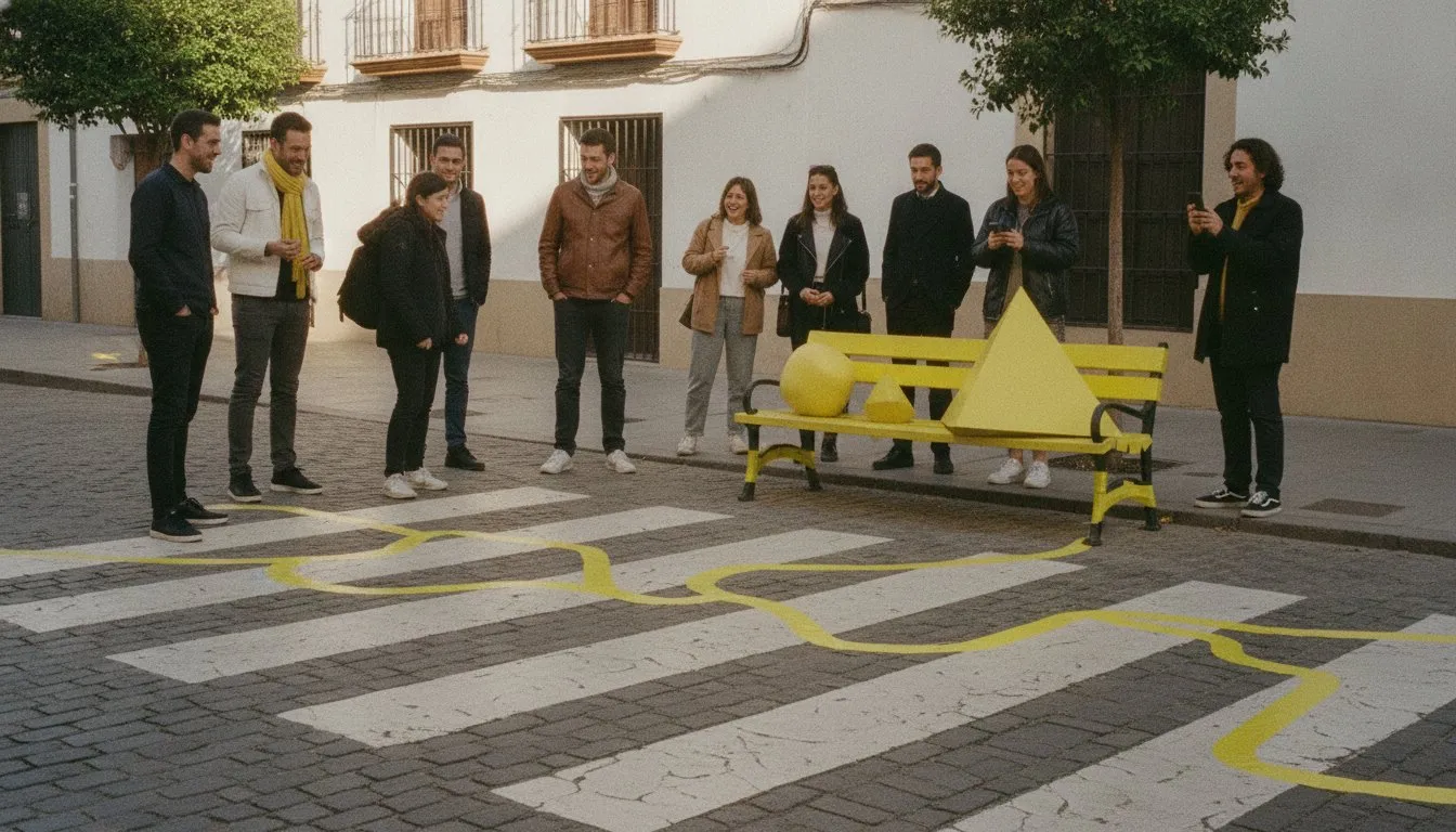 Paso de cebra y banco intervenidos con cinta amarilla y objetos gigantes ante viandantes sorprendidos