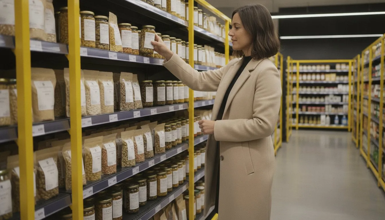 Mujer con abrigo beige coge un tarro de una estantería de supermercado con baldas amarillas.