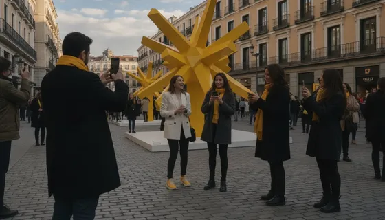 Instalación escultórica amarilla en una calle peatonal de Madrid rodeada de personas que la fotografían con el móvil